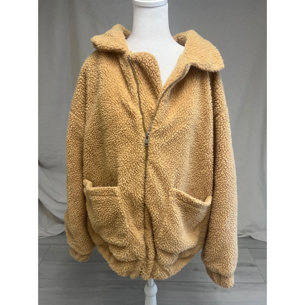 Zaful Teddy Jacket Womens M Sherpa Fleece Zip Front Oversized Tan Sz M